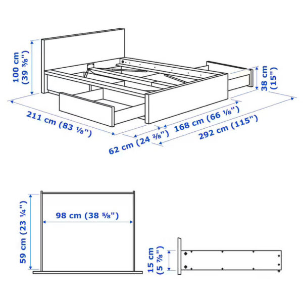 Malm High bed frame/4 storage boxes